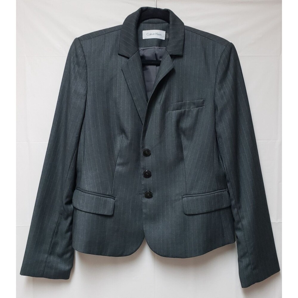 Calvin Klein Women’s Gray Pinstripe Corporate Career Blazer Sz 12 NWOT